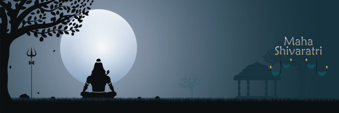 illustration of Lord Shiva meditation pose on full moon light. 