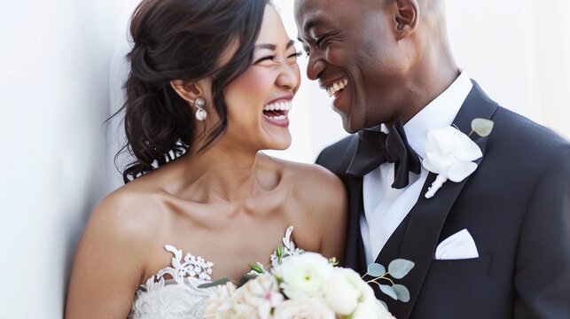 Joyful Interracial Couple, A South Asian bride and Black groom stand close, background image, generative AI