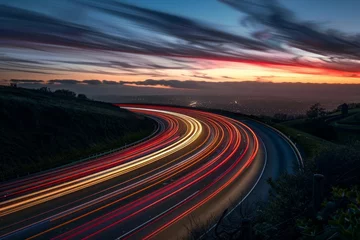 Poster A long exposure shot of a highway at night, capturing the light trails of moving vehicles under a twilight sky. © ParinApril