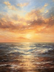 Fototapeta na wymiar A stunning painting depicting a vibrant sunset casting warm hues over the ocean, with the sun dipping below the horizon and reflecting on the waters surface.