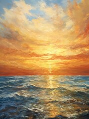 Obraz premium A painting depicting a vibrant sunset casting warm hues over the calm ocean waters, creating a striking contrast between the glowing sky and the tranquil sea.