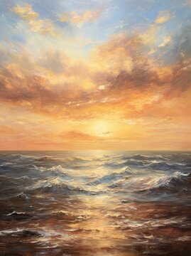 A stunning painting depicting a vibrant sunset casting warm hues over the ocean, with the sun dipping below the horizon and reflecting on the waters surface.