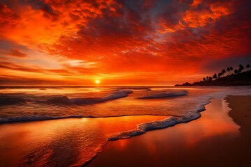 A stunning, fiery sunset painting the sky and casting warm hues over a calm, pristine beach.