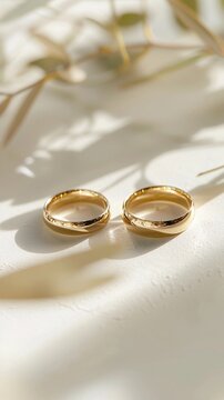 A pair of wedding rings arranged elegantly on a white surface, background image, generative AI