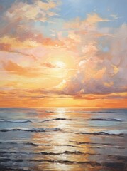 Naklejka na ściany i meble A painting depicting a vibrant sunset setting over the ocean, with rich hues of orange, pink, and purple reflecting on the waters surface.
