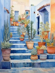 A painting depicting a stairway adorned with various potted plants, adding a touch of nature and greenery to the scene.