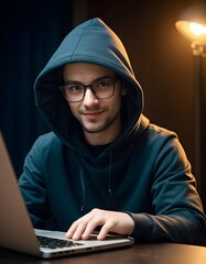 A man wearing glasses is working on his laptop computer while wearing a hoodie. The laptop is neatly placed on a sleeve for protection of the personal computer