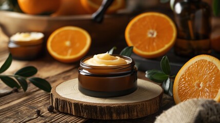 Obraz na płótnie Canvas Moisturizer cream jar in amber glass bottle with oranges. Skin and body organic beauty product.