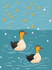 Two ducks are peacefully floating on top of a body of water, showcasing their elegant feathers and graceful movements.