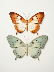 Two colorful butterflies with delicate wings are resting on a plain white background, showcasing their intricate patterns and vibrant colors.