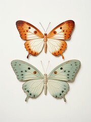Fototapeta premium Two colorful butterflies with delicate wings are resting on a plain white background, showcasing their intricate patterns and vibrant colors.