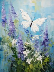 A painting featuring a white butterfly set against a vivid blue background. The delicate details of the butterfly contrast beautifully with the bold backdrop.