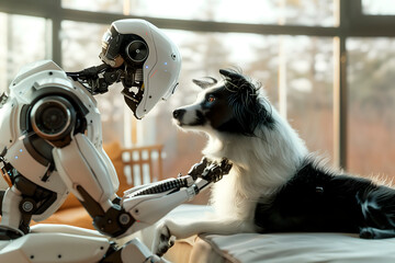 robot pampering a dog in the living room