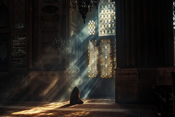 A person in prayer in a mosque, bathed in the warm glow of sunlight filtering through an ornate window. - obrazy, fototapety, plakaty