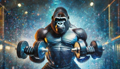 Illustration of a gorilla training bodybuilding. Biceps training.
 - obrazy, fototapety, plakaty