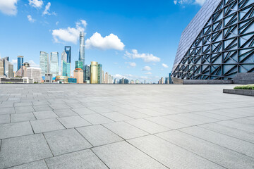 Fototapeta premium Empty square floor and city skyline with modern buildings scenery in Shanghai