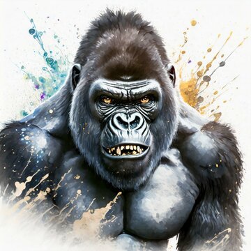 Illustration of a furious gorilla on white background. Splashes on image.
