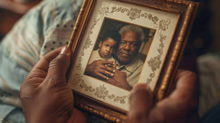 A closeup of a fathers hands holding a photo frame with a picture of his children. The frame is engraved with a special message making it a meaningful and sentimental gift - obrazy, fototapety, plakaty