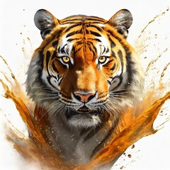 Illustration of a tiger on white background. Ink splashes on image.
