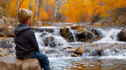 A boy sitting on a rock by a river, surrounded by autumn leaves and flowing water