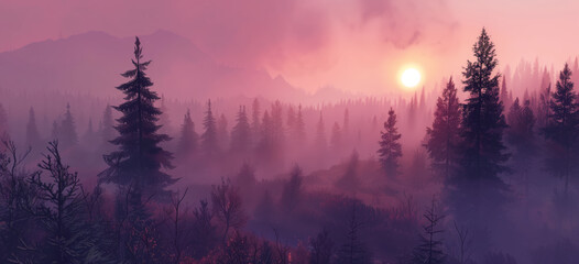 Sunset foggy forest woods, mystic high altitude fantasy-scape scene. 