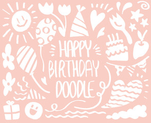 Boy Girl Happy Birthday doodle, hand drawn with crayon. Party Event Anniversary Celebrate Ornaments pink background pattern Vector illustration. Child birthday party. Cake, Gift, Balloon, Sun, Smile, 