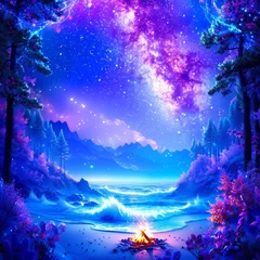Zelfklevend Fotobehang Enchanted Forest Overlooking a Magical Nighttime Seascape, Fantasy Art Perfect for Dreamy Interiors and Mystical Themes © Ross