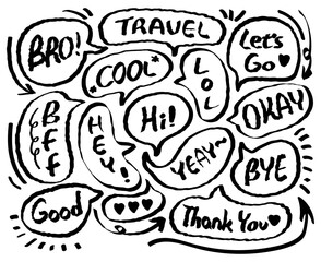 Fototapeta premium Set of hand-drawn doodles and speech bubbles. This set includes dialogue balloon, doodles, arrows,sparkle, stars.Talk clouds sketching.Talk speech text pop cute think set.Flat doodle style text box.