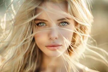 Naklejka premium Portrait of a beautiful blond young woman outdoors