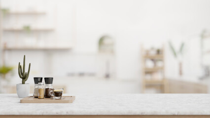A tabletop with a coffee cup, tea sugar coffee containers, and a copy space in a living room or cafe