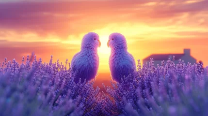 Poster Tender moment between two parakeets in a lavender field at sunset, with a house in the background, evoking feelings of love and tranquility in nature © Ross