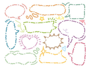 Cute memo of colorful line out speech bubbles. Hand drawn doodle lettering quote frame for text. Set of variety shape sticker. Thinking and chat box. Dotted line speech cloud. Cloud, Box, Blank, Tag
