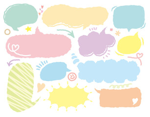 Colorful cute Speech bubble, speech balloon, Doodle Crayon hand drawn vector collection. Blank chat balloons in various shapes. Comic cloud box, empty dialog balloon, conversation memo message set.