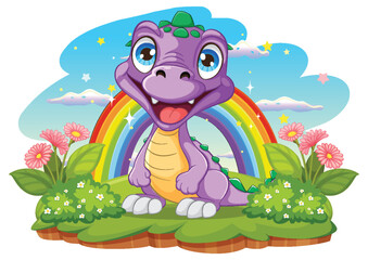 Naklejka premium Cute purple dragon sitting under a colorful rainbow