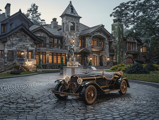 1920's style roadster car sitting on the cobblestone driveway of a large stone mason all created in a steampunk style. - obrazy, fototapety, plakaty