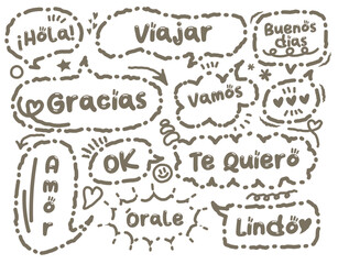 Chat speech bubble Spanish greeting phrases. . Dialogue balloon, word talk frame, conversation clouds. Hand drawn doodle memo box with phrase. Thinking clouds or box memo with message for discussion 