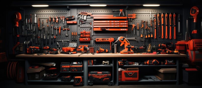 Toolboxes and toolkits on a tool shop shelf