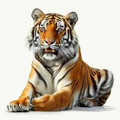 Detailed illustration of a happy friendly smiling tiger sitting isolated on a white background, Generative AI 