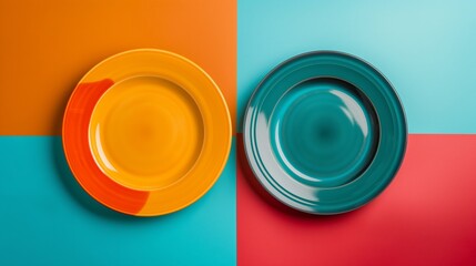 Top view two empty ceramic plates on the table of colorful color.