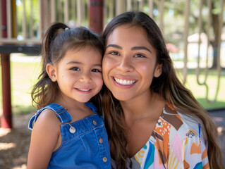 Closeup portrait of hispanic latina mother and young daughter at the playground.  Smiling at camera.