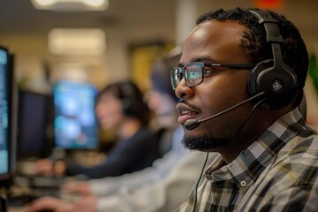 Focused call center agent immersed in managing customer inquiries Showcasing dedication and professionalism within a bustling service environment. - obrazy, fototapety, plakaty