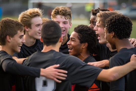High school soccer team in a motivational huddle Showcasing unity and determination on the field