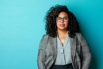 Professional woman with curly hair in a business casual outfit on a vibrant blue background. represents diversity and empowerment in the workplace With ample space for ad copy. - obrazy, fototapety, plakaty
