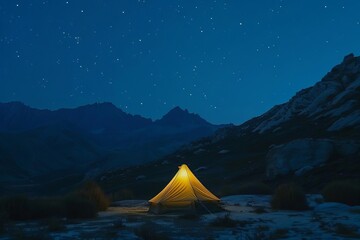 Relaxing campsite scene with a tent under a starry sky in a serene mountain location. emphasizes peace Adventure And the beauty of nature Perfect for outdoor and travel themes.