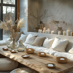 Rustic interior design with sofa, home plant and home decor . Interior mockup. Generative AI