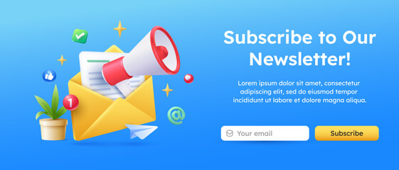 letter envelope and megaphone Subscribe to newsletter banner - obrazy, fototapety, plakaty