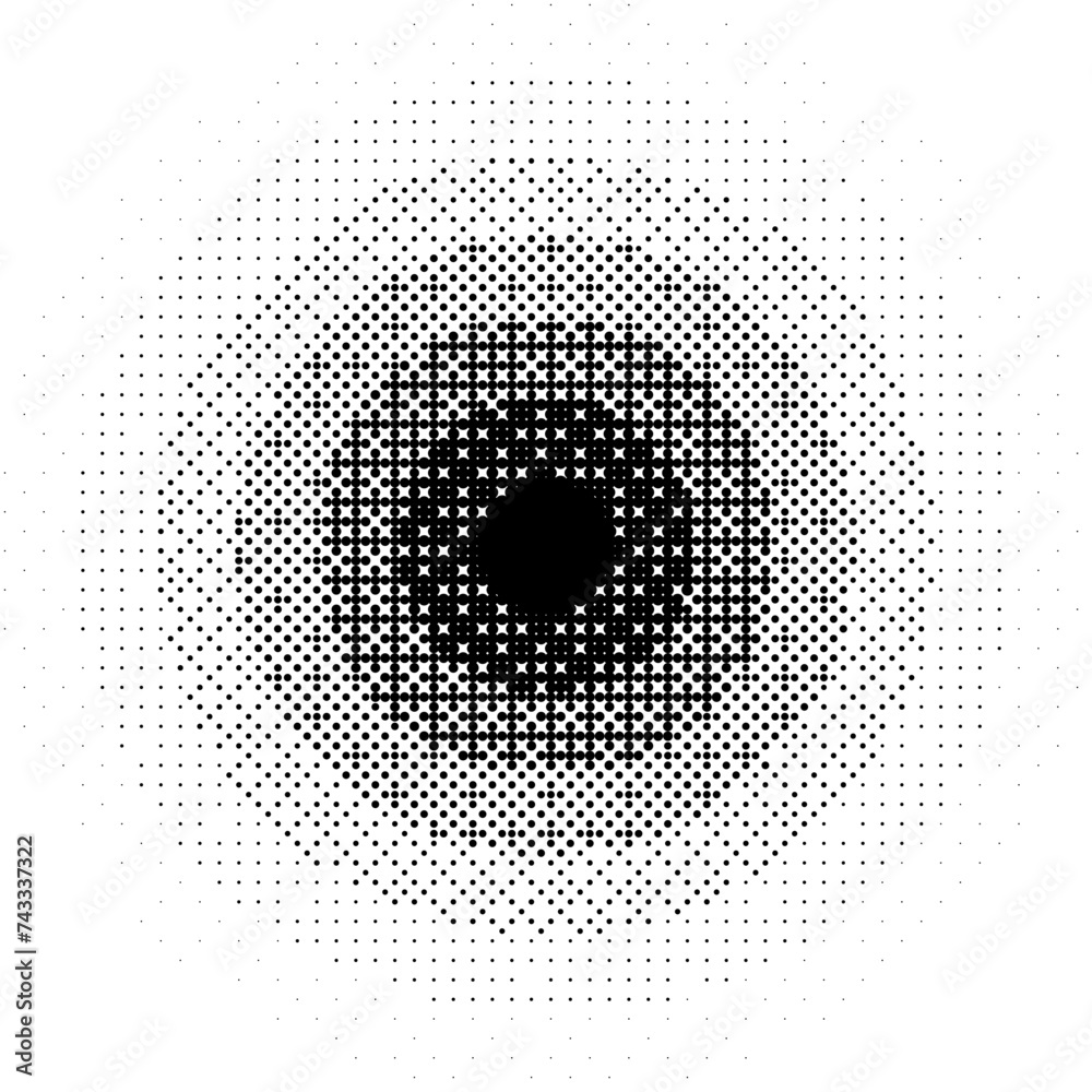Poster Radial pixelated gradient shape. Black dithered round gradation texture. Retro circle bitmap game background. Halftone 8 bit wallpaper. Vintage circular pixel art element. Vector overlay backdrop