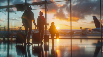 Family Trip Concept, family travel at airport,Time for family vacation, family travel, and showcasing silhouette figures of family members inside an airport terminal.