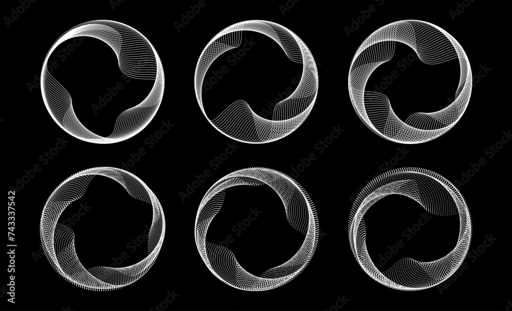 Poster Blend dotted and linear circle frames set. Black and white round border collection. Curved wave dot and line circles on black background. Circular tech border pack. Vector design element bundle