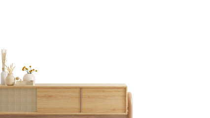 Wooden cabinet and accessories decor on transparent background.3d rendering